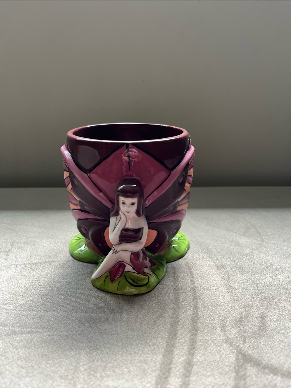 Pink and Green Ceramic Fairy Mug - Decorative Butterfly Design